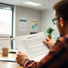 Mężczyzna w okularach czyta dokument "Termination Letter", zastanawiając się, jak złożyć wypowiedzenie. Na biurku komputer, kubek i kalendarz.