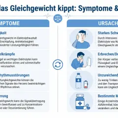 Infografik zeigt, was sind Elektrolyte und welche Symptome und Ursachen bei einem Ungleichgewicht auftreten, z.B. Müdigkeit, Krämpfe, Schwitzen.