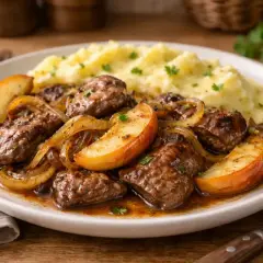 Pyszna wątróbka z jabłkiem i cebulką, podana z purée ziemniaczanym. Aromatyczne danie, które rozpływa się w ustach.