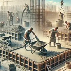 Budowlańcy pracują przy betonowaniu fundamentów. Widać wózki z betonem i ludzi układających masę. Czas schniecia betonu zależy od wielu czynników.