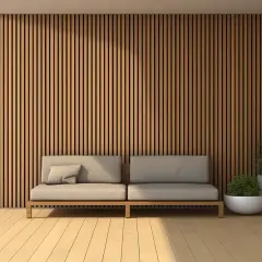 Nowoczesny salon z lamelem na ścianie, wygodna sofa i rośliny tworzą przytulną przestrzeń.