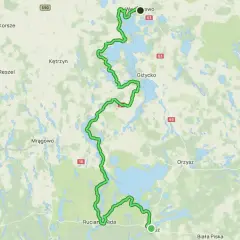 Trasa rowerowa przez Szlak Wielkich Jezior Mazurskich, od Węgorzewa przez Giżycko, Ruciane-Nidę po Białą Piskę.
