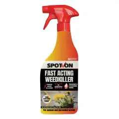 Butelka z opryskiem "Spot On Fast Acting Weedkiller", zawierająca kwas pelargonowy. Szybko zwalcza chwasty, widoczne efekty po godzinie.