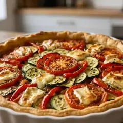 Une quiche méditerranéenne aux tomates, courgettes et poivrons rouges, garnie de fromage fondant, prête à être dégustée.
