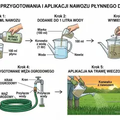 Schemat pokazuje, jak przygotować i zastosować nawóz płynny do trawy. Najpierw odmierz 100 ml nawozu, dodaj do 1 litra wody, wymieszaj, a następnie wieczorem podlej trawnik.