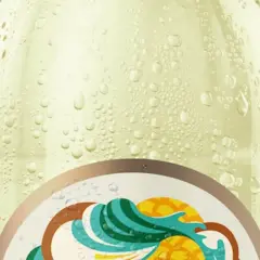 Schłodzona butelka Somersby Pina Colada, pokryta kroplami rosy, z etykietą w tropikalne wzory.