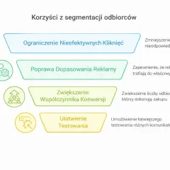 Korzyści z segmentacji odbiorców: ograniczenie nieefektywnych kliknięć, poprawa dopasowania reklam, zwiększenie konwersji i ułatwienie testowania.
