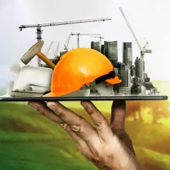 Dłoń trzyma tablet z budowlanymi symbolami: kask, młotek, plany, dźwigi i miasto.