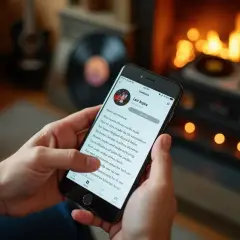 Dłoń trzyma smartfon z tekstem piosenki "Luii Rogica". W tle kominek i gramofon. Jaka to piosenka?