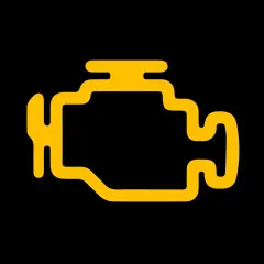 Żółty symbol silnika na czarnym tle. To ostrzeżenie "check engine", które sugeruje problem z samochodem.