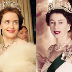 Två drottningar, en ung Elizabeth II i "The Crown" och en äldre drottning. Båda bär kronor och smycken.