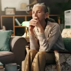 Une femme âgée, le regard perdu, semble réfléchir aux changements de la ménopause et à la dépression qui peut l'accompagner.