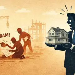Operai al lavoro su un cantiere, mentre un uomo in giacca e cravatta mostra una casa, forse in riferimento all'art 36 bis.