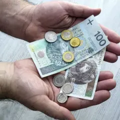 Dłonie trzymają polskie banknoty i monety. Pytanie brzmi: ile zarabia lombard?