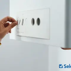 Main d'une personne ajustant le bouton d'une prime cee chaudière gaz.