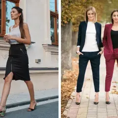 Elegancka kobieta w czarnej spódnicy i dwie panie w garniturach – idealny smart casual na imprezę.