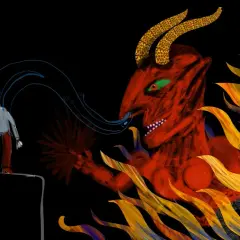 Czerwony demon z rogami, przypominający sukkuba, wyciąga rękę do człowieka.