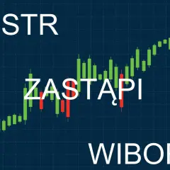 Wzrosty na wykresie świecowym, z napisem "POLSTR ZASTĄPI WIBOR". Nowy wibor wchodzi na rynek.