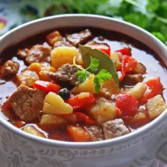 Gęsta, aromatyczna zupa gulaszowa przepis babci. Mięso, ziemniaki i papryka w bogatym sosie.