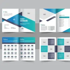 A modern product catalog template featuring a striking teal and navy design. This template showcases various layouts for product listings, company history, and featured items.