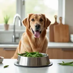 Złoty retriever z zaciekawieniem patrzy na miskę fasolki szparagowej. Czy pies może jeść fasolkę szparagową?