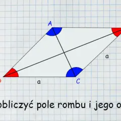 Ilustracja rombu ABCD z zaznaczonymi kątami i bokiem 'a'. Pokazuje podstawowe własności rombu.