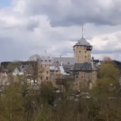Das Schloss Burg an der Wupper, eine imposante Burganlage mit Bergfried und vielen Gebäuden, thront über Bäumen.
