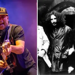 Dwóch członków Black Sabbath: młody Ozzy Osbourne i Tony Iommi w latach 70. oraz współczesny muzyk grający na gitarze.
