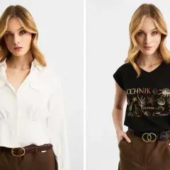 Dwie stylizacje pokazujące, jak nosić pasek damski: brązowy z białą koszulą i czarny z T-shirtem.