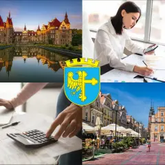 Kolaż: zamek, kobieta z kalkulatorem, herb Opola, rynek miejski.