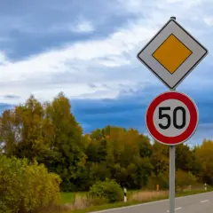 Panneau de priorité à droite et limite de vitesse à 50 km/h sur une route bordée d'arbres aux couleurs d'automne.
