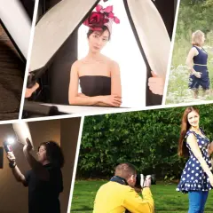 Collage showing how to use bounce lighting with reflectors and diffusers for product and portrait photography.
