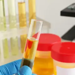 Rękawiczka pobiera próbkę moczu do analizy. W tle stoją probówki z żółtym płynem i mikroskop, co sugeruje badanie jak pobrać mocz na posiew.