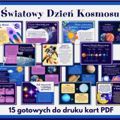 Kosmos pomoce dydaktyczne: kolorowa plansza edukacyjna o kosmosie, planetach, gwiazdach i podróżach kosmicznych.