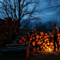 Mężczyzna stoi przy stosie drewna opałowego, oświetlony latarnią. Ciepłe światło odbija się od pni, tworząc atmosferę jak ze snu.