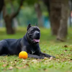 Potężny cane corso leży na trawie obok pomarańczowej piłki. Jego waga jest imponująca, świadczy o sile i zdrowiu.