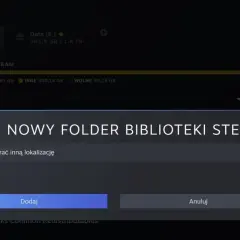 Okienko "DODAJ NOWY FOLDER BIBLIOTEKI STEAM" z opcją wyboru lokalizacji. Czy można przenieść grę z jednego konta Steam na drugie?