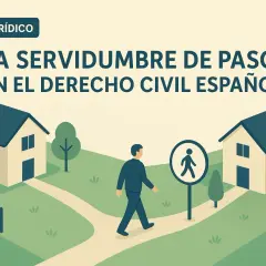 Ilustración que explica qué es una servidumbre de paso: un camino entre dos casas, con un peatón y un cartel.