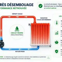Schéma d'un circuit de chauffage : chaudière, circulateur, radiateur. L'eau chaude circule pour une meilleure puissance radiateur eau chaude.