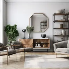 Eleganckie lustro na komodę w salonie, nad którym wisi ośmiokątne lustro.
