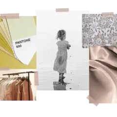 Palette de couleurs et tissus pour un thème de collection mode. Une petite fille sur la plage, des échantillons Pantone, un tissu satiné et des robes sur cintres.