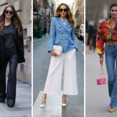 Eleganckie figura gruszka stylizacje: czarny total look, błękitny tweed i jeansy.
