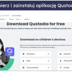 Dziewczyna korzysta z telefonu, obok logo Qustodio Kids. Strona oferuje kontrolę rodzicielską na iPhone, Android i inne urządzenia.