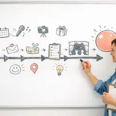 Un tableau retroplanning dessiné à la main, montrant un cheminement visuel avec des icônes : calendrier, micro, appareil photo, cadeaux, liste, scène de théâtre, soleil.