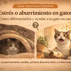 Gato estresado y otro juguetón. Aprende a diferenciar el estrés del aburrimiento para ayudar a tu gato en casa.