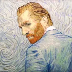En målning av van Gogh som visar konstnären med sitt karaktäristiska röda skägg, vänd bort från betraktaren, mot en virvlande, stjärnklar bakgrund.
