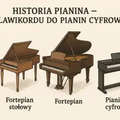 Ewolucja instrumentów klawiszowych: od klawikordu, przez fortepian stołowy i fortepian, po pianino cyfrowe.