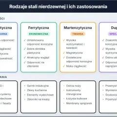 Tabela porównuje rodzaje stali nierdzewnej, podkreślając twardość stali martenzytycznej, jej wysoką wytrzymałość i zastosowania.