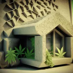 Nowoczesna architektura z beton konopny, z geometrycznymi wzorami i liśćmi konopi w oknach.