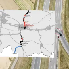Mapa drogowa S7 z zaznaczonymi odcinkami i miastami, od Katowic przez Kraków po Chyzne.
